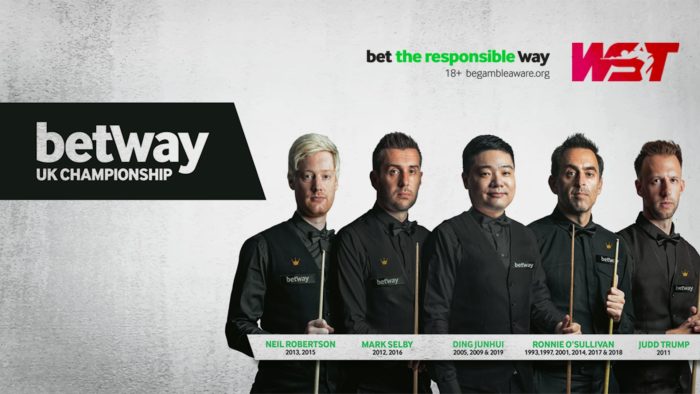 Die fünf Sieger der letzten neun Jahre bei der UK Championship: Neil Robertson, Mark Selby, Ding Junhui, Ronnie O'Sullivan, Judd Trump
