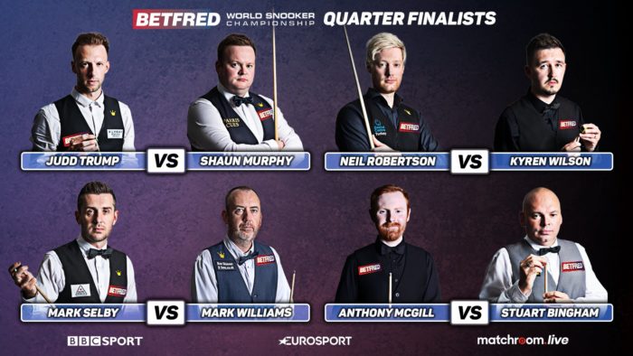 Die acht Sieger der Achtelfinals, wie sie im Viertelfinale aufeinander treffen: Judd Trump gegen Shaun Murphy, Neil Robertson gegen Kyren Wilson, Mark Selby gegen Mark Williams, Anthony McGill gegen Stuart Bingham