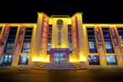 World Women's Championship: Austragungsort Gymnasium, beleuchtete Fassade mit Werbebannern