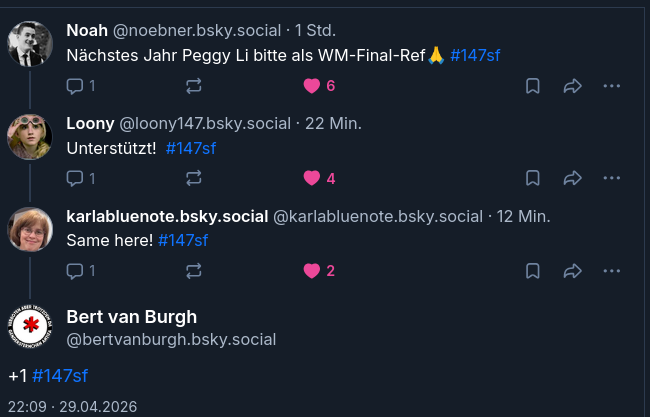 Screenshot aus BlueSky. Benutzer "Noah" wünscht sich Peggy Li als Finalreferee im WM-Finale 2027 und drei User*innen unterstützen das.