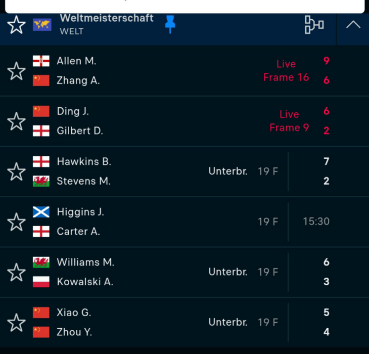 Billd eines Live-Scoring des zweiten tags der Snooker-WM 2026. Aktiv laufen die Spiele Allen/Zhang (9-6) und Ding/Gilber (6-2), weitere Spiele die später am Tag laufen werden stehen darunter. Brauche ich für mein WM-Tagebuch.