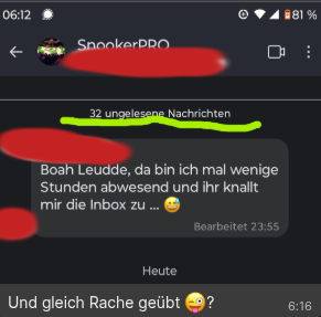 Signal-Screenshot 32 ungelesene Nachrichten und der Post "Boah Leudde, da bin ich mal wenige Stunden abwesend und ihr knallt mir die Inbox zu :)"