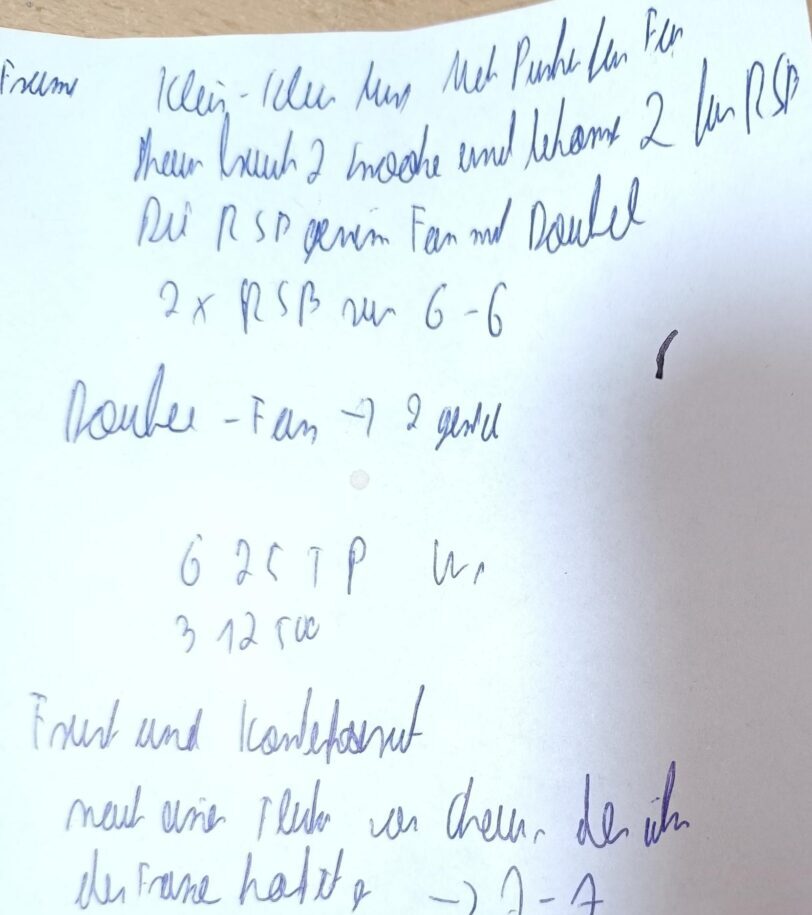 Handschriftliche Notizen zum Spiel Shaun Murphy gegen Fan Zhengyi. Die Schrift ist sehr sehr unleserlich